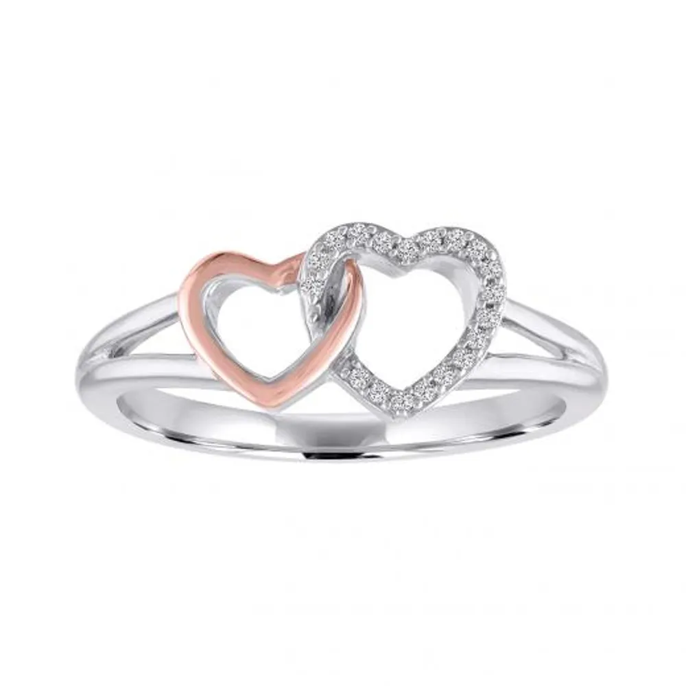 Sterling Silver 10K Rose Gold Plated Diamond Heart Ring