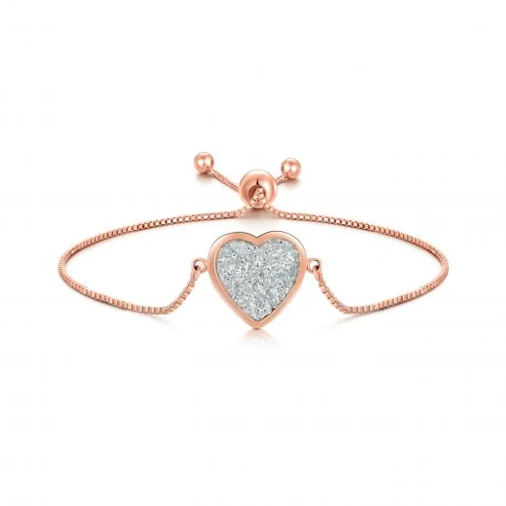 Sterling Silver Rose Plated Glitter Heart Bolo Bracelet