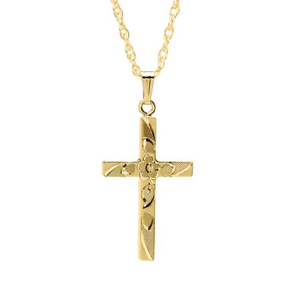14K Yellow Gold Filled 18" Floral Engraved Cross