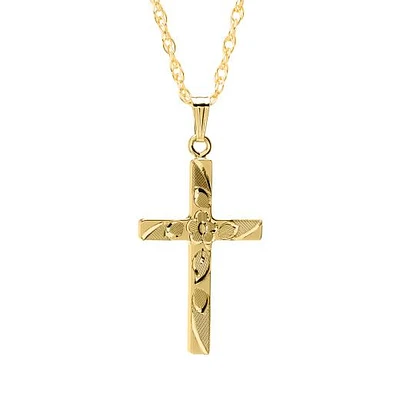 14K Yellow Gold Filled 18" Floral Engraved Cross