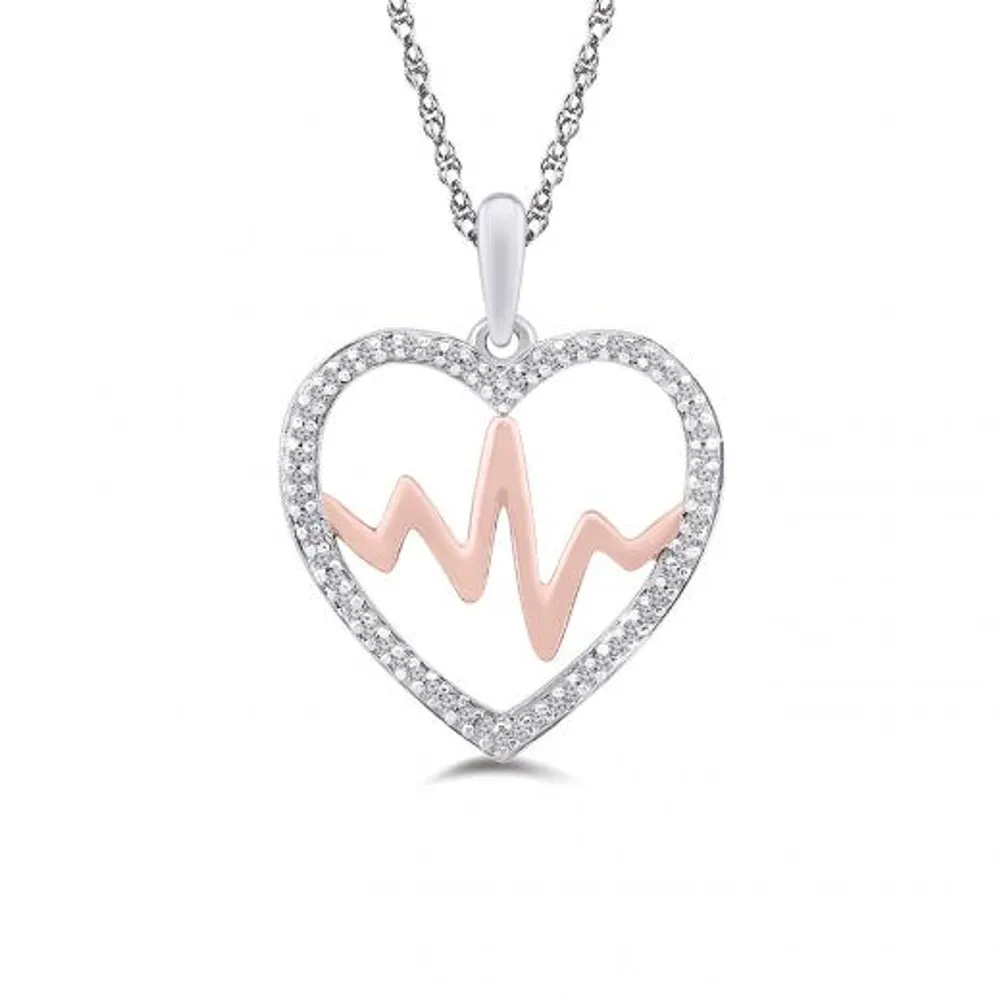 Sterling Silver 10K Rose Gold 0.09CTW Heartbeat Pendant