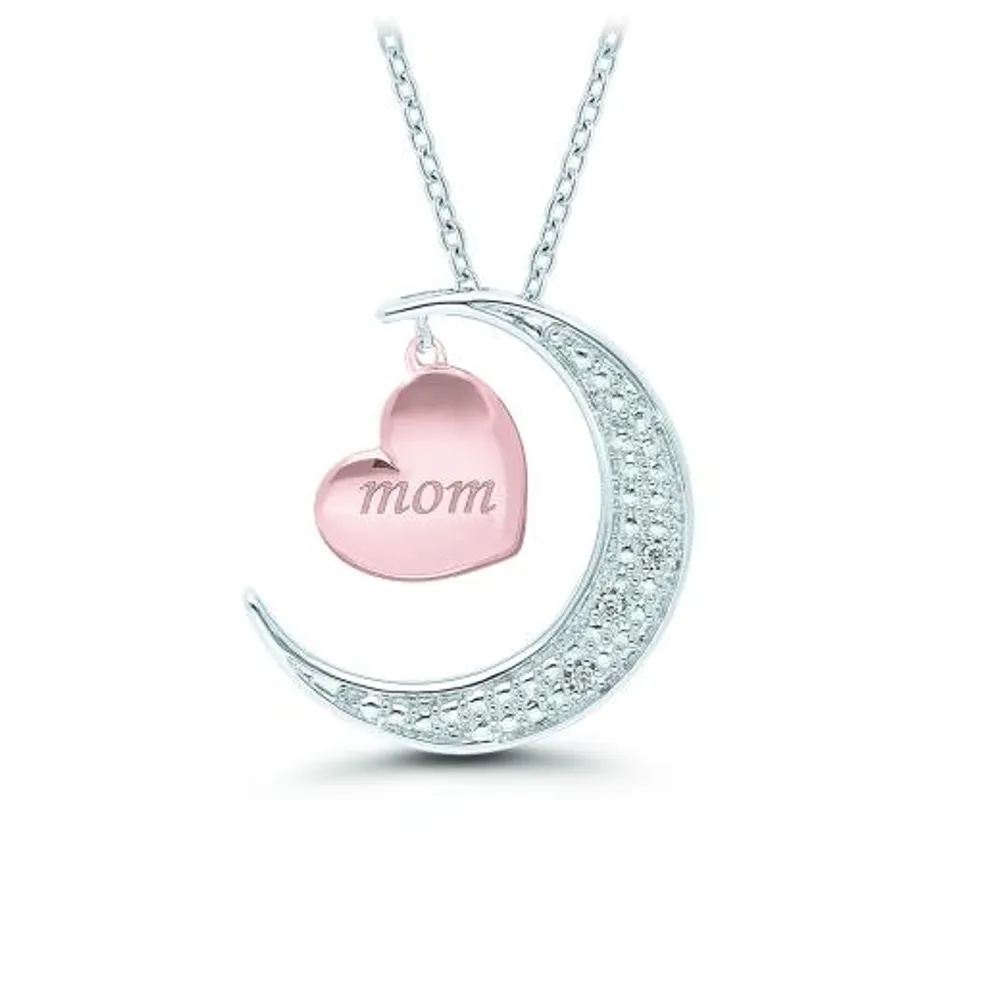 Sterling Silver Rose Gold Plated 0.01CTW Moon & Heart Pendant