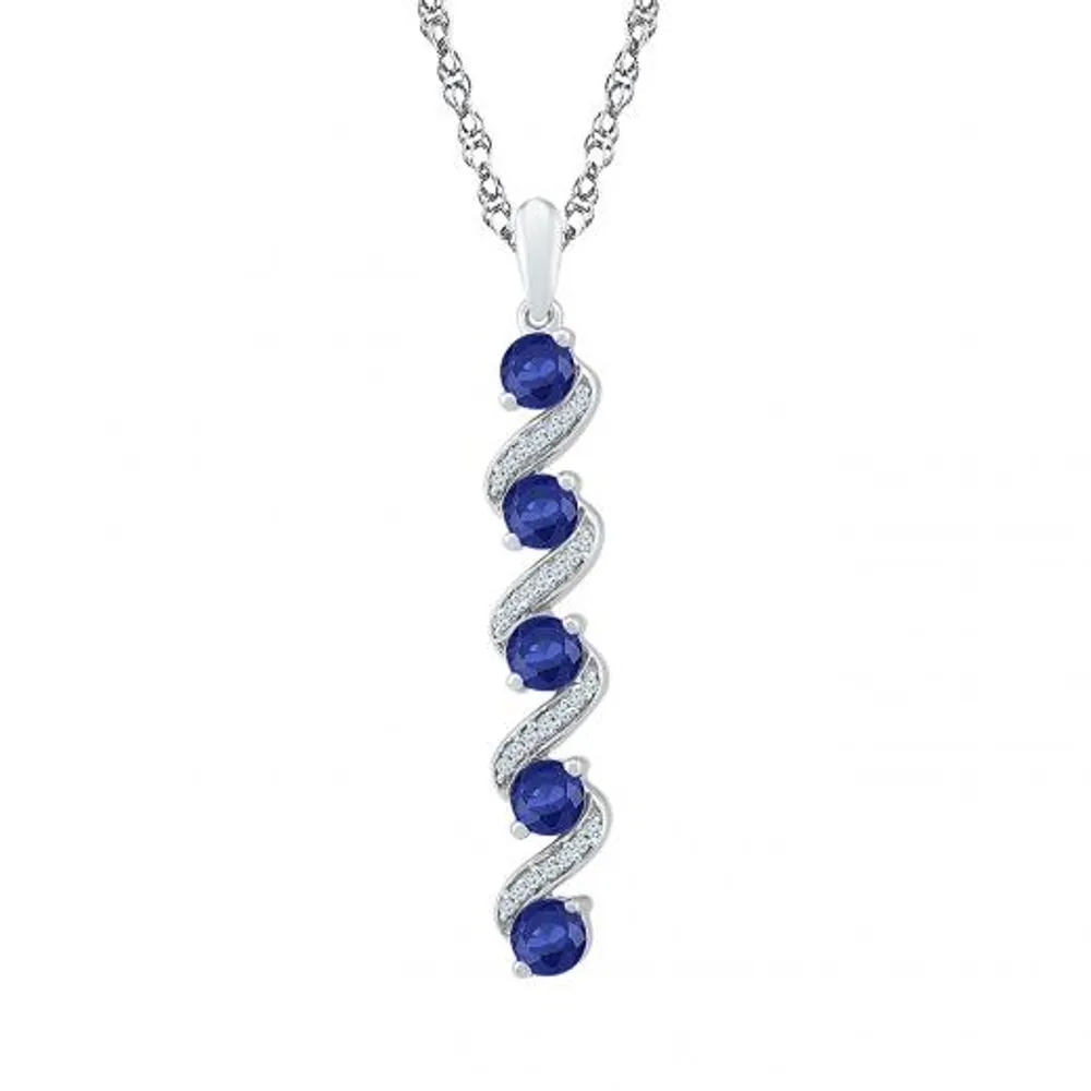 Sterling Silver Created Blue Sapphire & Diamond Pendant