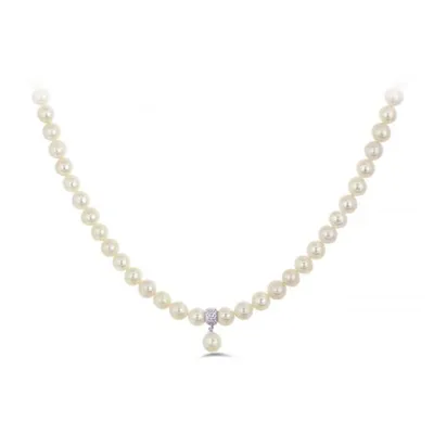 Sterling Silver 8-8.5mm White Pearl Cubic Zirconia Choker with Extender