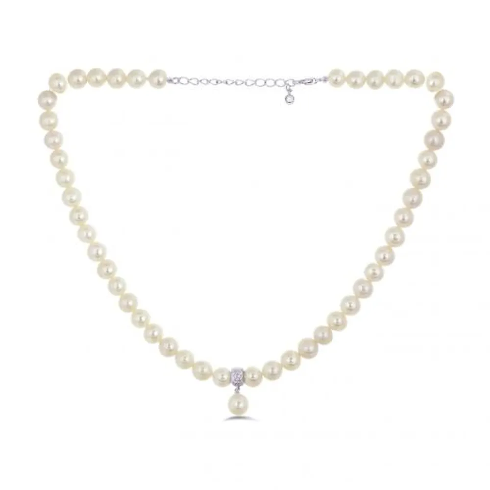 Sterling Silver 8-8.5mm White Pearl Cubic Zirconia Choker with Extender