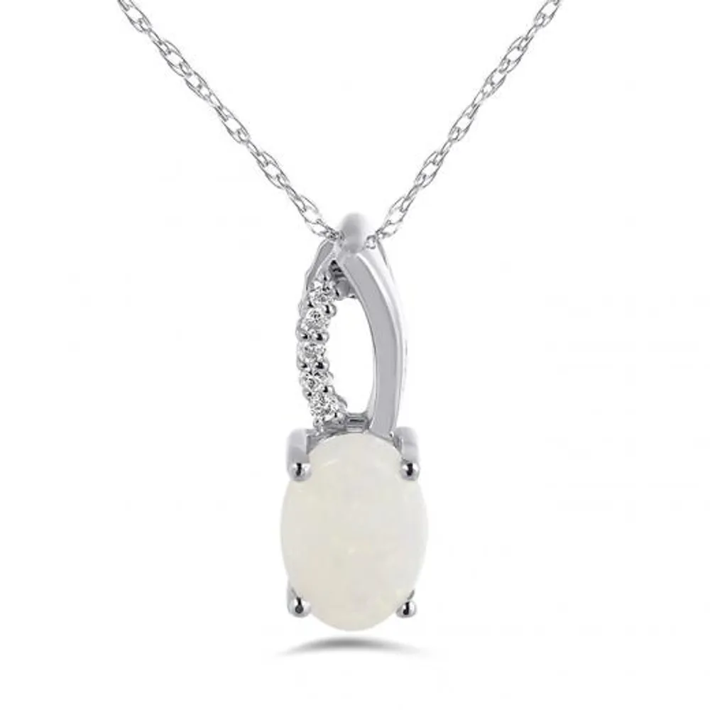 10K White Gold Opal & Diamond Pendant with Chain
