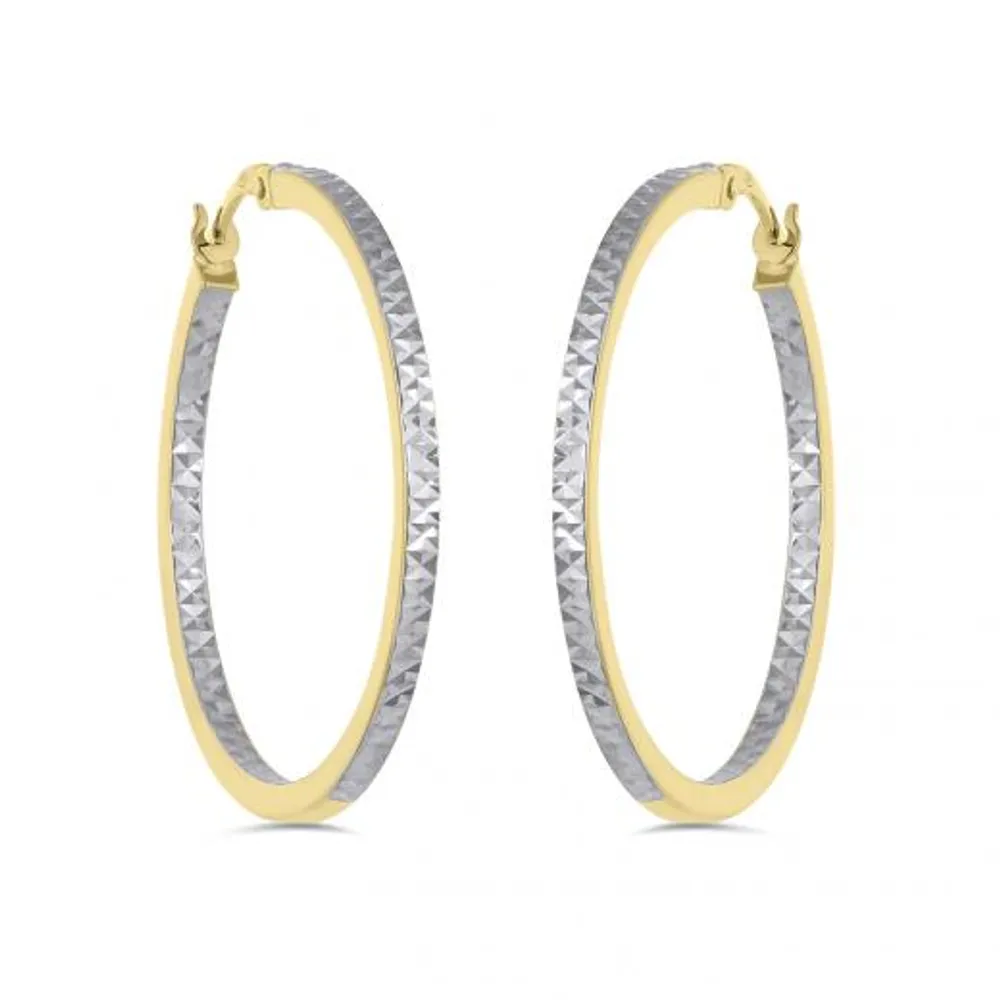 10K Yellow and White Gold Diamond Cut Hoop Earrings