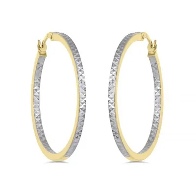 10K Yellow and White Gold Diamond Cut Hoop Earrings