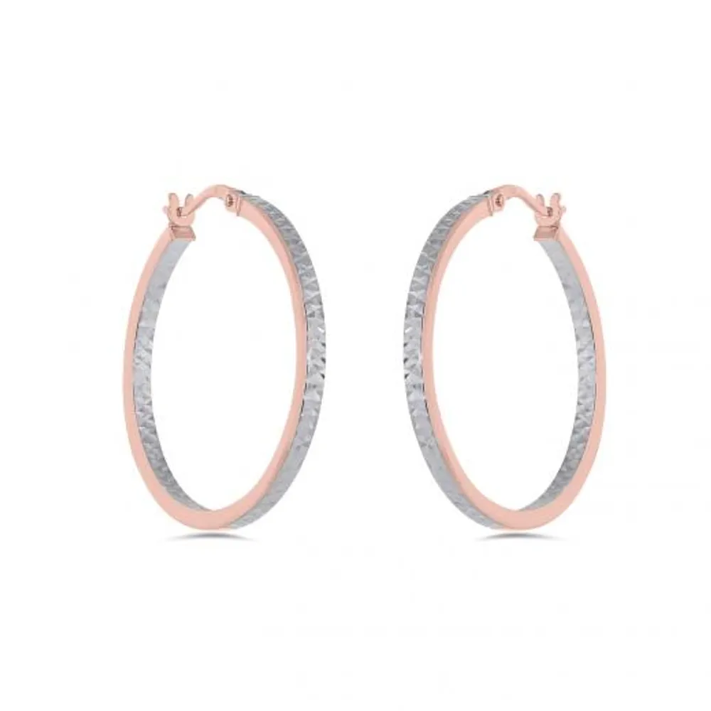 10K Rose and White 25mm Diamond Cut Hoop Earrings