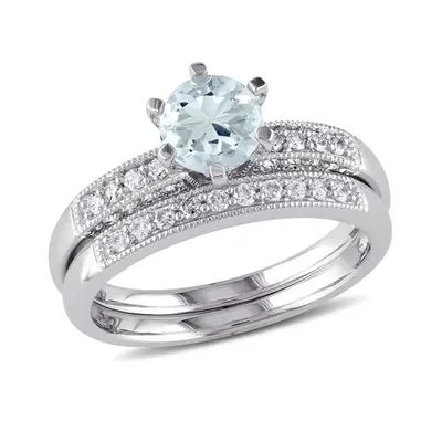 Julianna B 10K White Gold 0.33CTW Diamond & Aquamarine Bridal Set