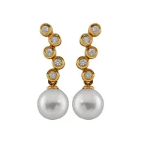 14K Yellow Gold Round 7mm Akoya Pearl Bezel Set Diamond Earrings