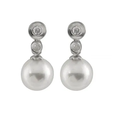 14K White Gold Round 7-7.5mm Chinese Akoya Pearl & Diamond Earrings