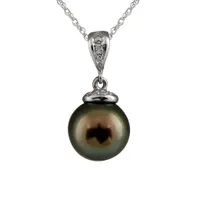 14K White Gold Diamond and Round 11mm Tahitian Pearl Pendant