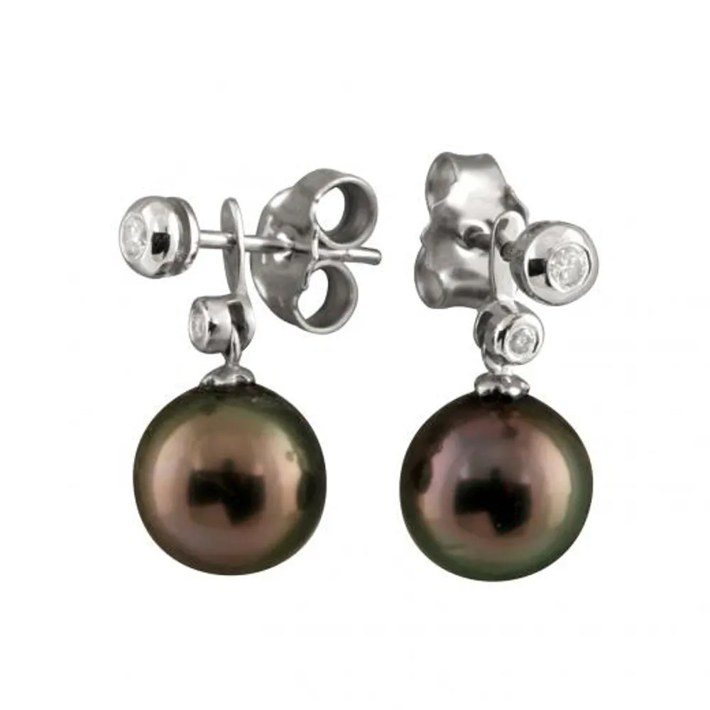 14K White Gold 8-9mm Round Tahitian Pearl & Diamond Stud Earrings