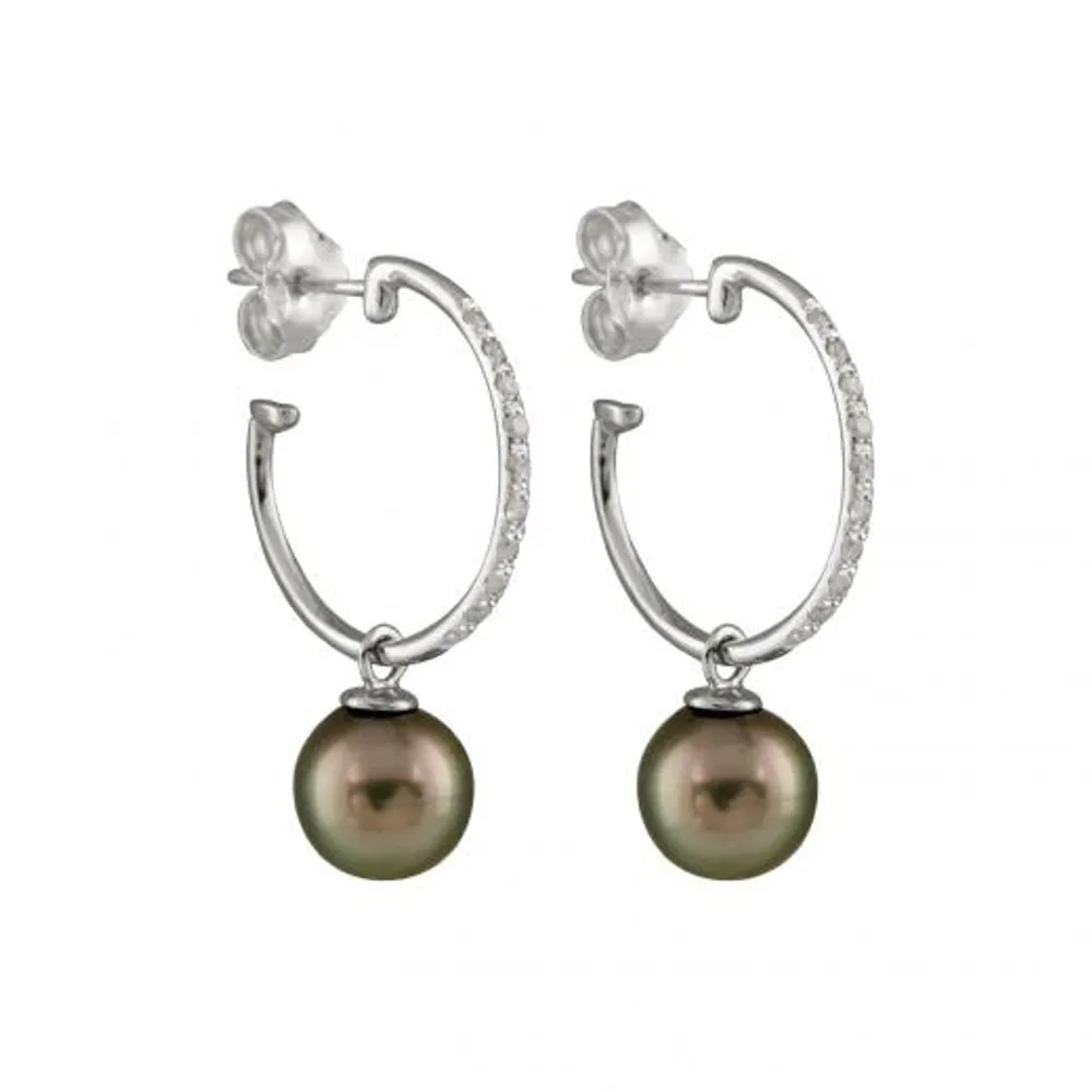 14K White Gold 8mm Tahitian Pearl & Diamond Drop Earrings