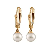 14K White Gold 8-8.5mm Round Freshwater Pearl & Diamond Earrings