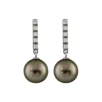 14K White Gold 9mm Round Tahitian Pearl & Diamond Earrings