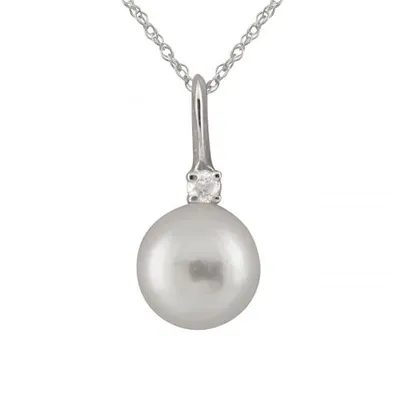 14K White Gold 8-8.5mm Round Akoya Pearl & Diamond Pendant