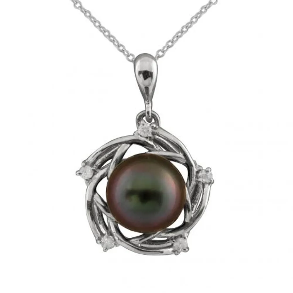 14K White Gold 8mm Tahitian Pearl & Diamond Pendant