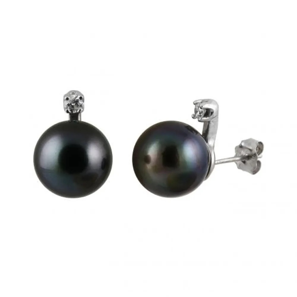 14K White Gold 10-11mm Tahitian Pearl & Diamond Stud Earrings