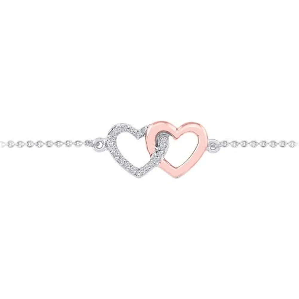 Sterling Silver 10K Rose Gold Diamond Heart Bracelet