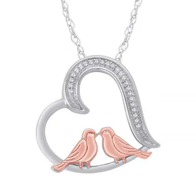 Sterling Silver 14K Rose Gold Plated Diamond Lovebirds Pendant