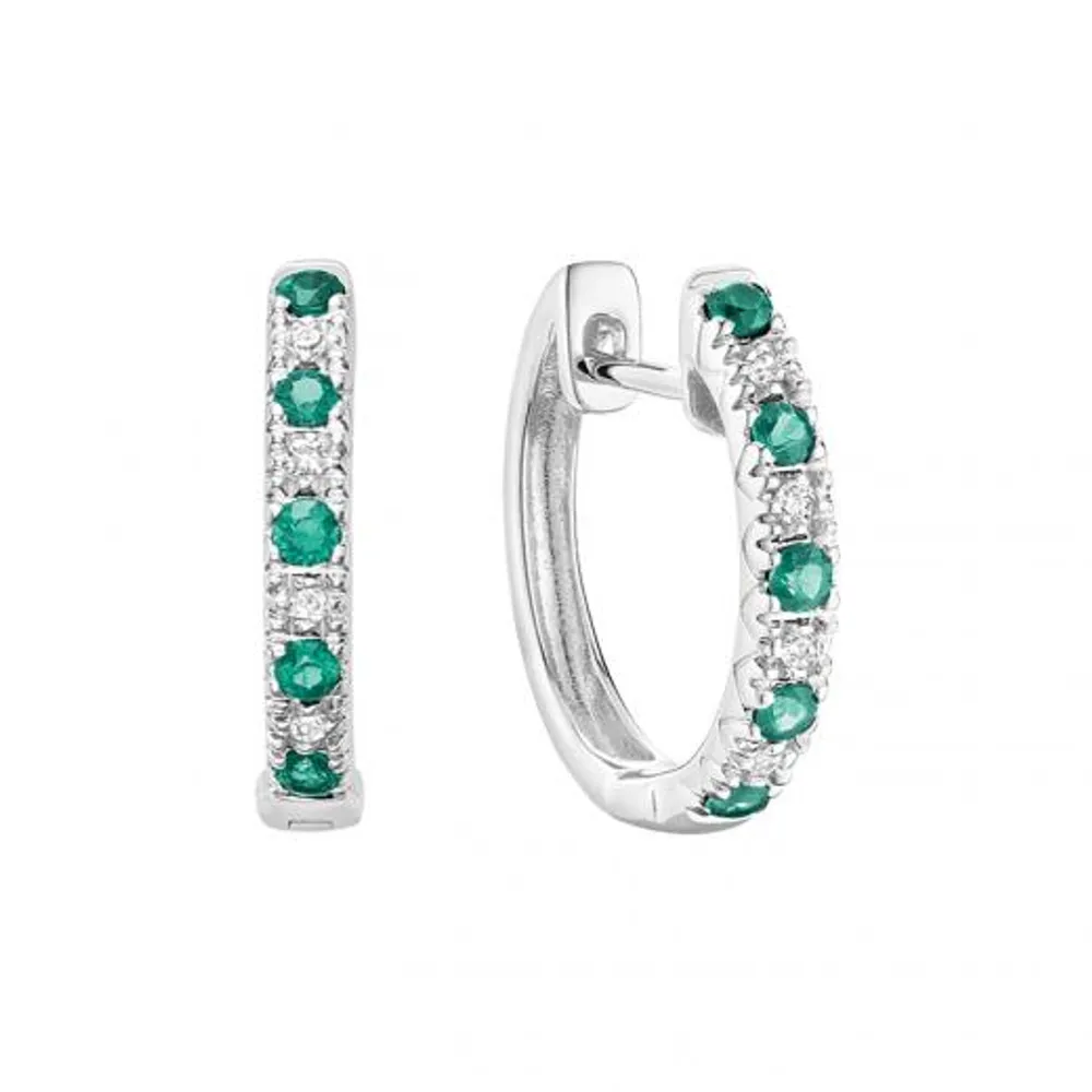 10K White Gold Emerald and 0.04CTW Diamond Earrings