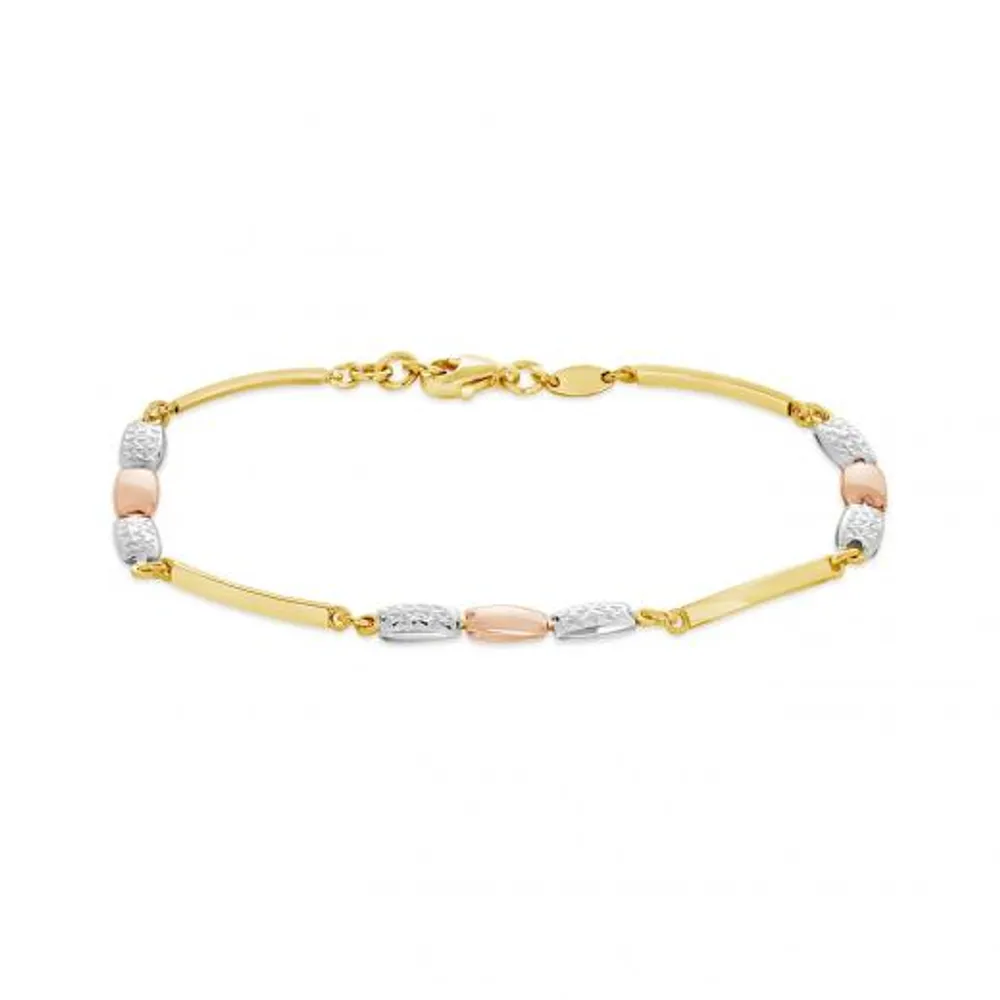 10K Yellow White and Rose Gold 7" Diamond Cut Bracelet