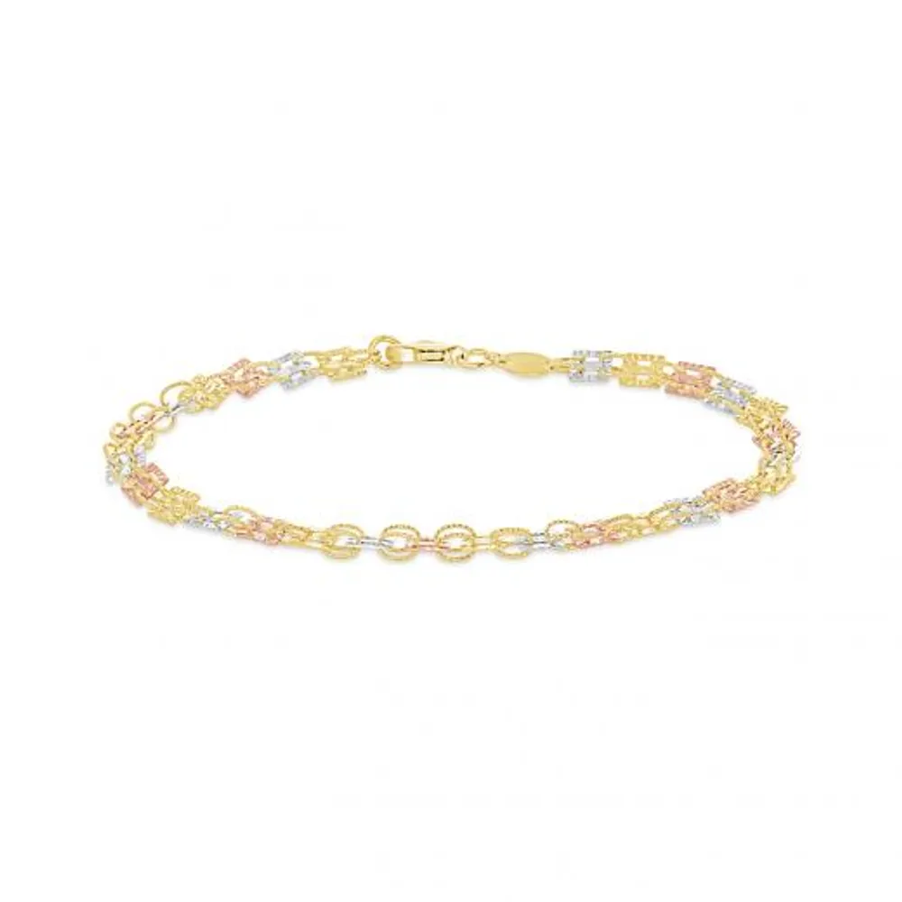 10K Yellow White and Rose Gold 7.5" Diamond Cut Square Link Bracelet