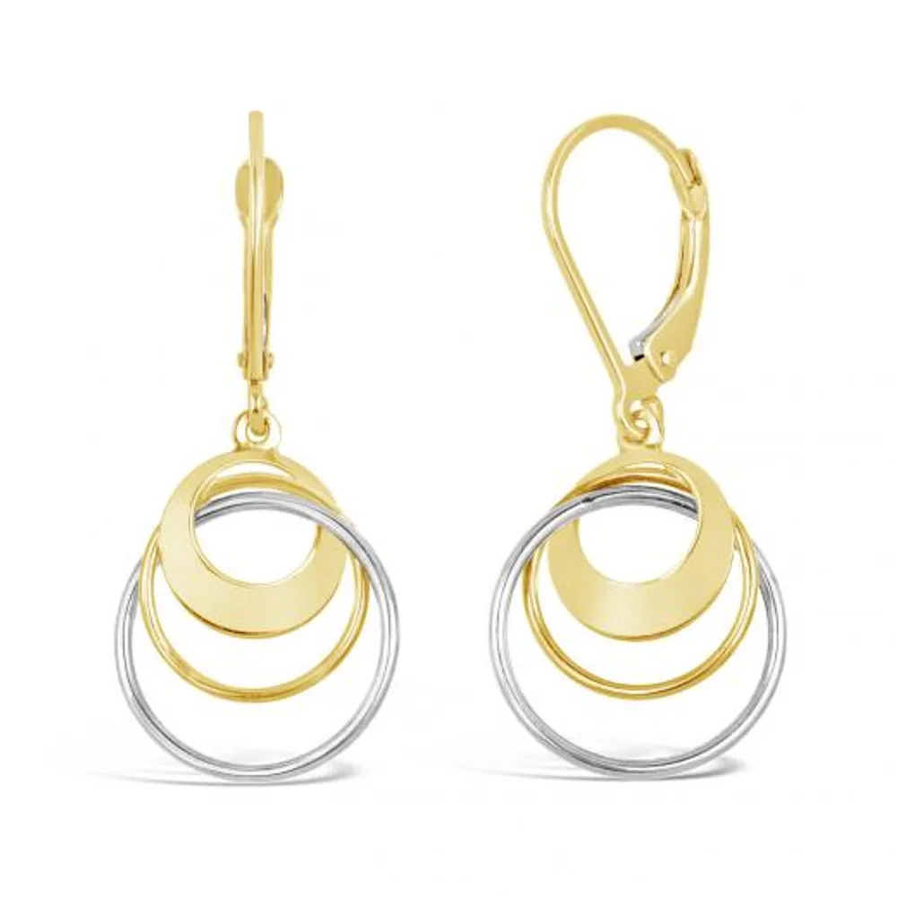 10K Yellow and White Gold Triple Circle Dangle Earrings