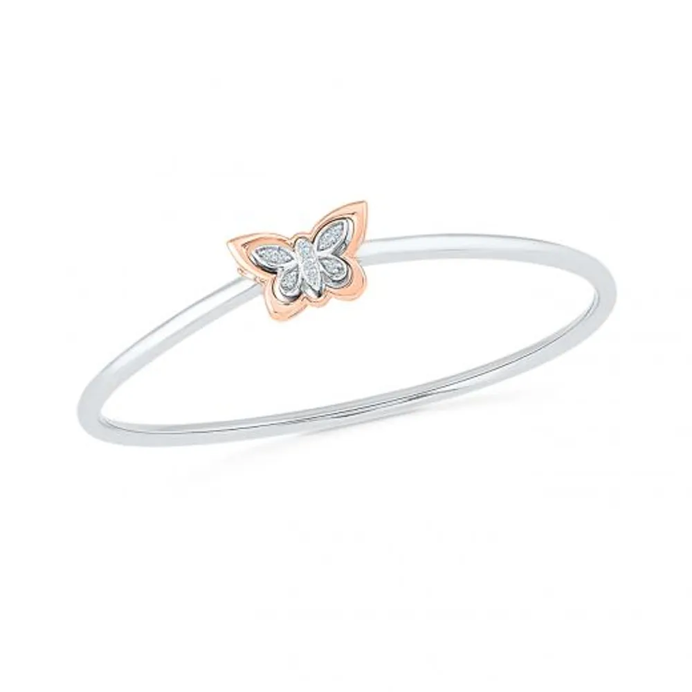 Sterling Silver & 10K Rose Gold Diamond Butterfly Bangle