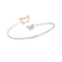 Sterling Silver & 10K Rose Gold Diamond Butterfly Bangle