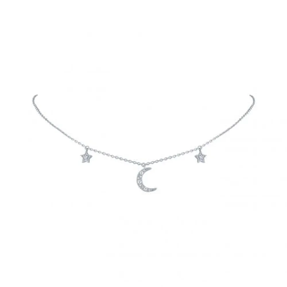 Sterling Silver Diamond Moon & Star Necklace