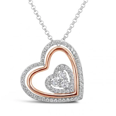 Sterling Silver 19" Cubic Zirconia Triple Heart Pendant with Rose