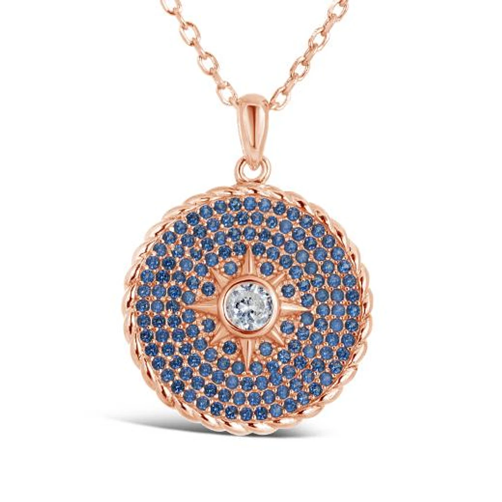 Sterling Silver Rose Plated 17" Blue Cubic Zirconia Zodiac Pendant