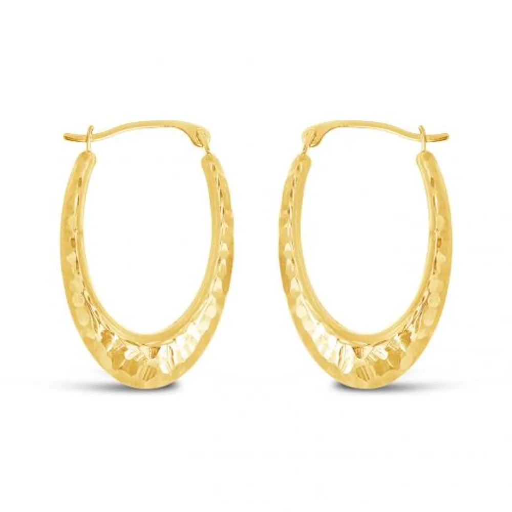 10K Yellow and White Gold Diamond Cut Oval Creole Hoops