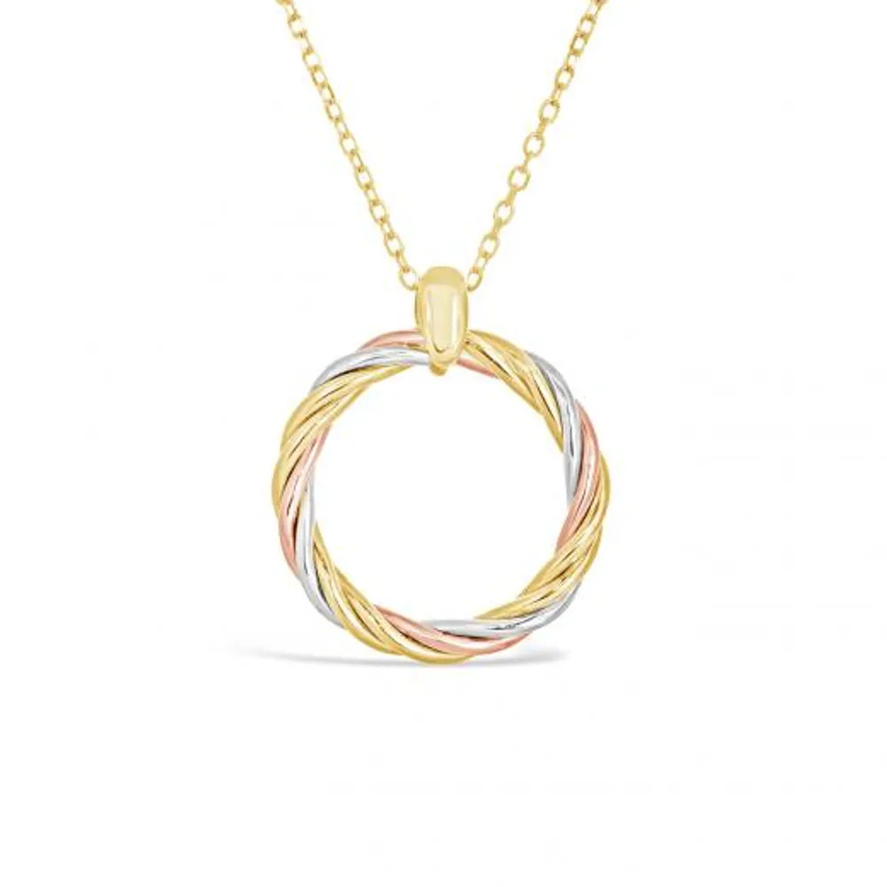 10K Yellow White and Rose Gold 17+1" Twisted Circle Pendant