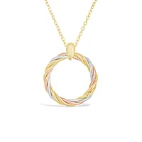 10K Yellow White and Rose Gold 17+1" Twisted Circle Pendant