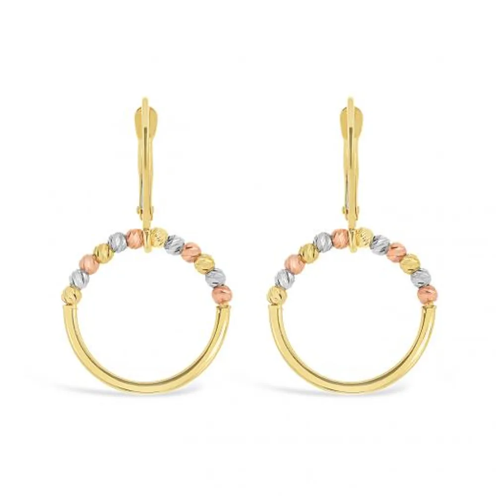 10K Yellow White and Rose Gold Diamond Cut Balls Circle Dangles