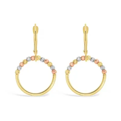 10K Yellow White and Rose Gold Diamond Cut Balls Circle Dangles