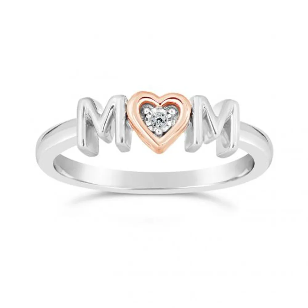 Sterling Silver 10K Rose Gold Diamond Mom Heart Ring