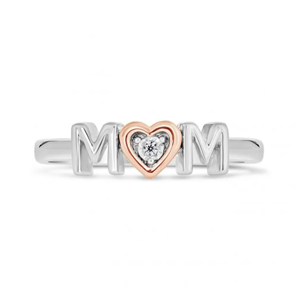 Sterling Silver 10K Rose Gold Diamond Mom Heart Ring