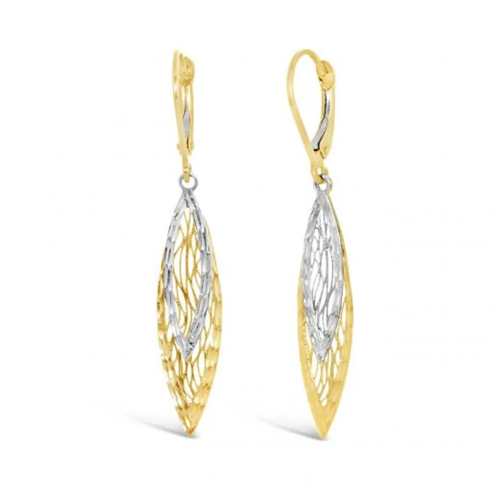 10K Yellow and White Gold Diamond Cut Dangle Earrings