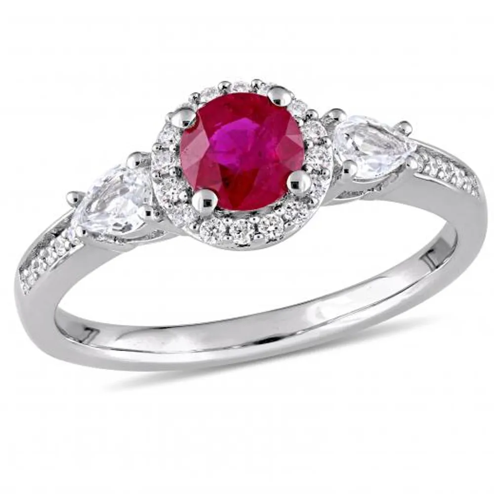 Julianna B 14K White Gold Ruby White Sapphire & 0.12CTW Diamond Halo Ring