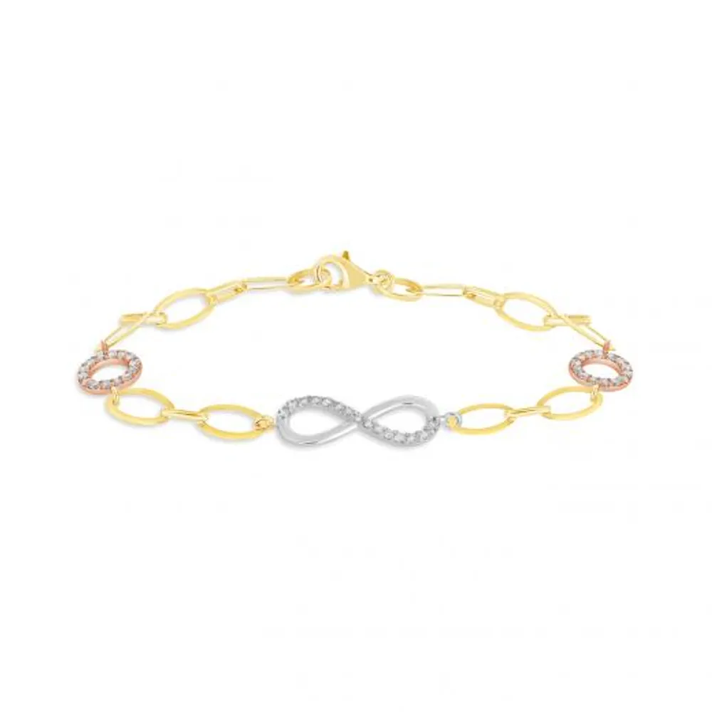 10K Yellow Gold White Gold and Rose Gold Cubic Zirconia Infinity Bracelet