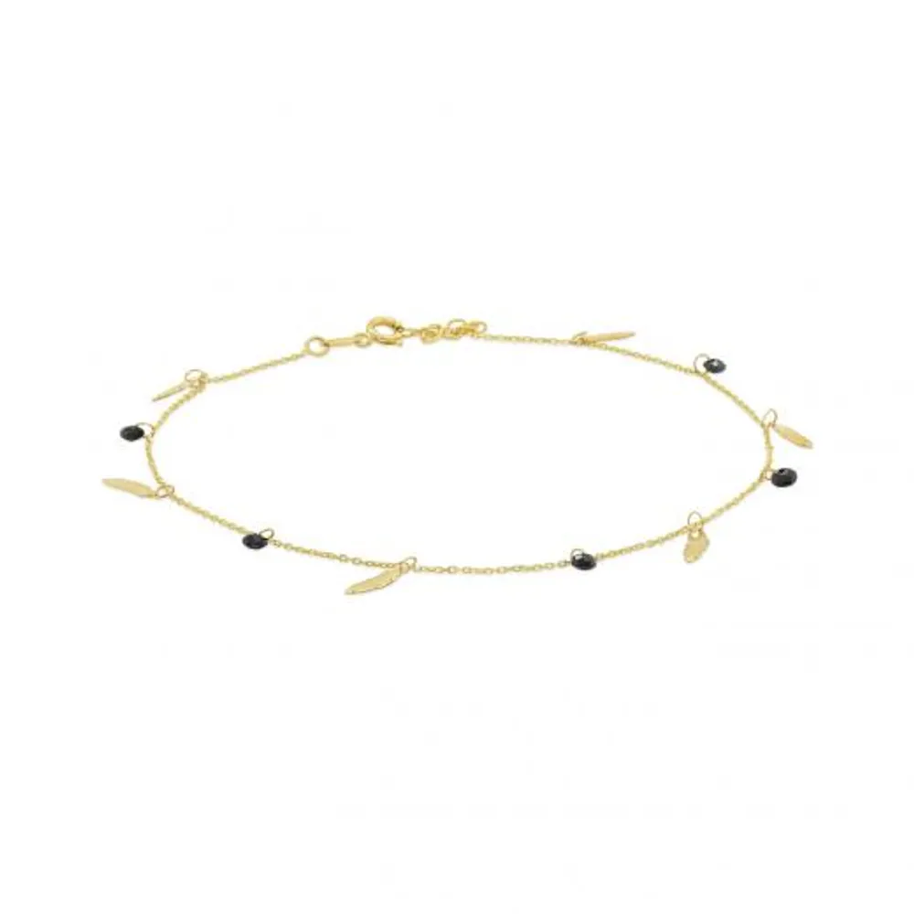 10K Yellow Gold Black CZ 10+1" Leaf Anklet