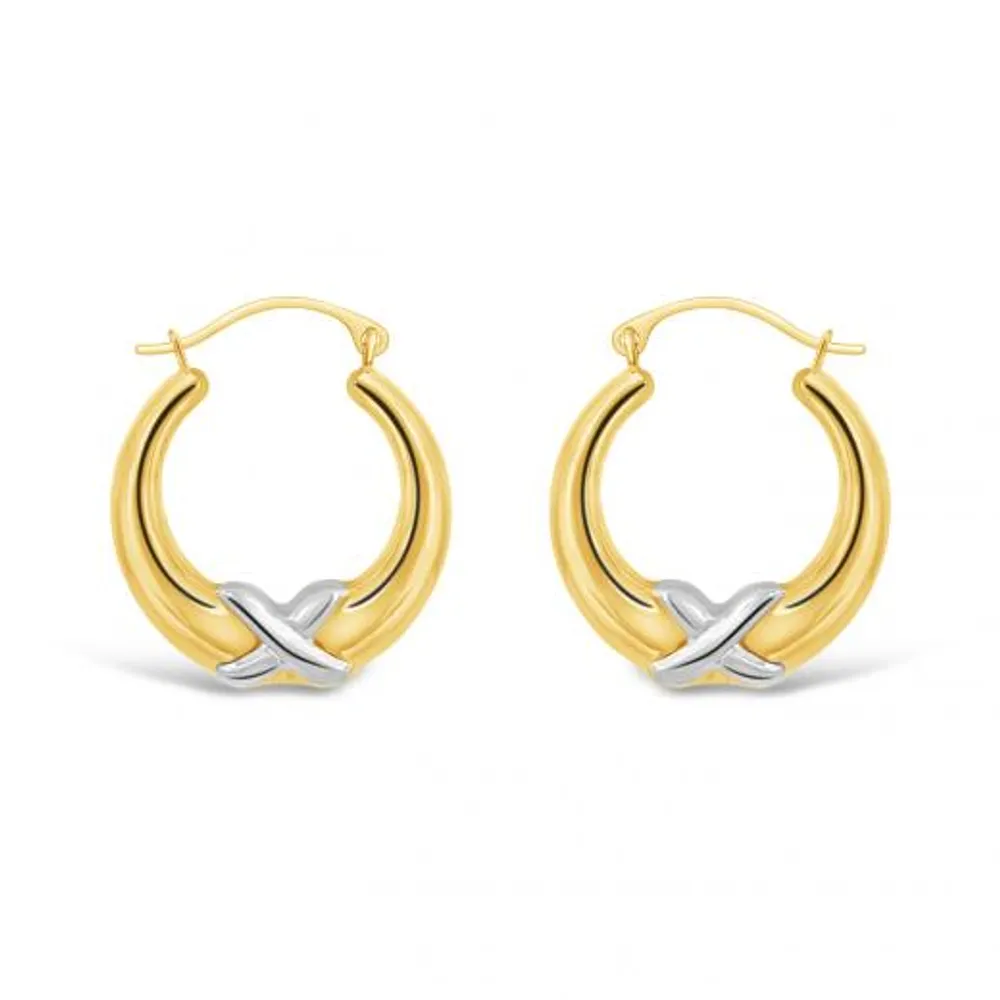 10K Yellow and White Gold Kiss Creole Earrings