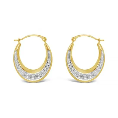 10K Yellow and White Gold Patterned Oval Creole Earrings