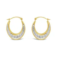 10K Yellow and White Gold Patterned Oval Creole Earrings