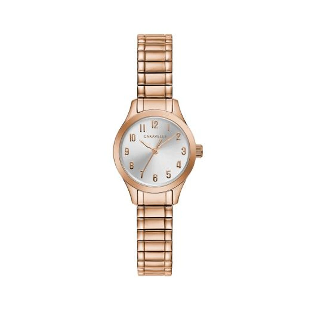 Caravelle Women's Rose Gold-Tone Stainless Steel Silver-White Sunray Dial